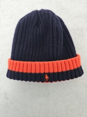Ralph Lauren Merino Wool Ribbed Hat Blue/red Jack O'lantern Winter Top Beanie